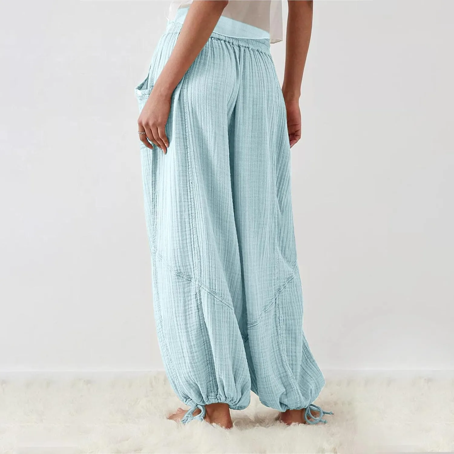 utcoco Womens Casual Loose Fit Wide Leg Cotton Pants Drawstring Stitching Baggy Pants Trousers with Pockets