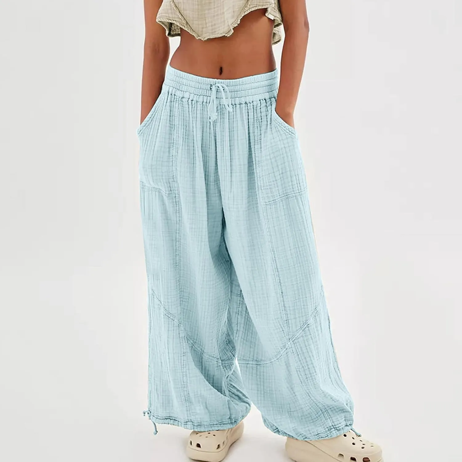 utcoco Womens Casual Loose Fit Wide Leg Cotton Pants Drawstring Stitching Baggy Pants Trousers with Pockets