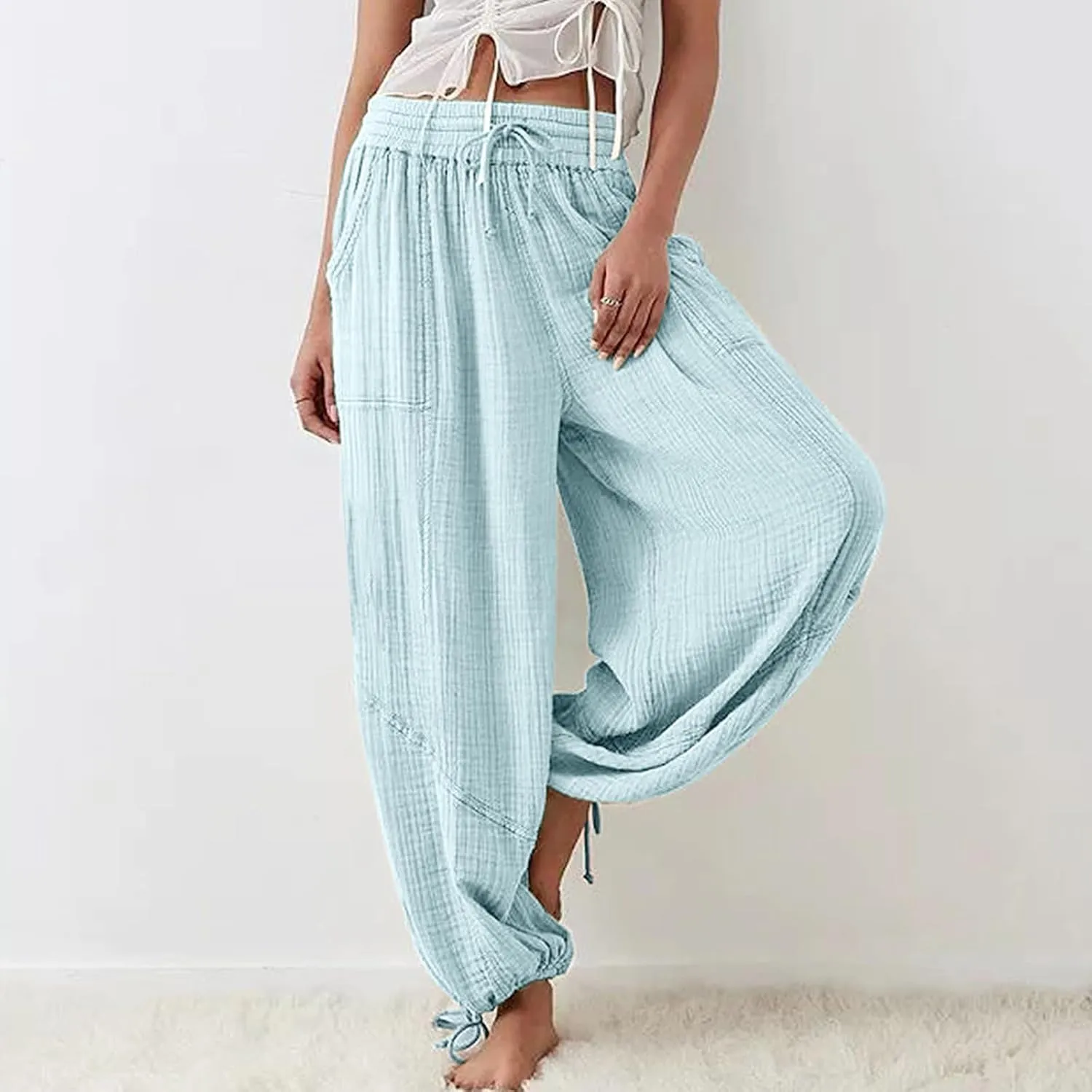 utcoco Womens Casual Loose Fit Wide Leg Cotton Pants Drawstring Stitching Baggy Pants Trousers with Pockets
