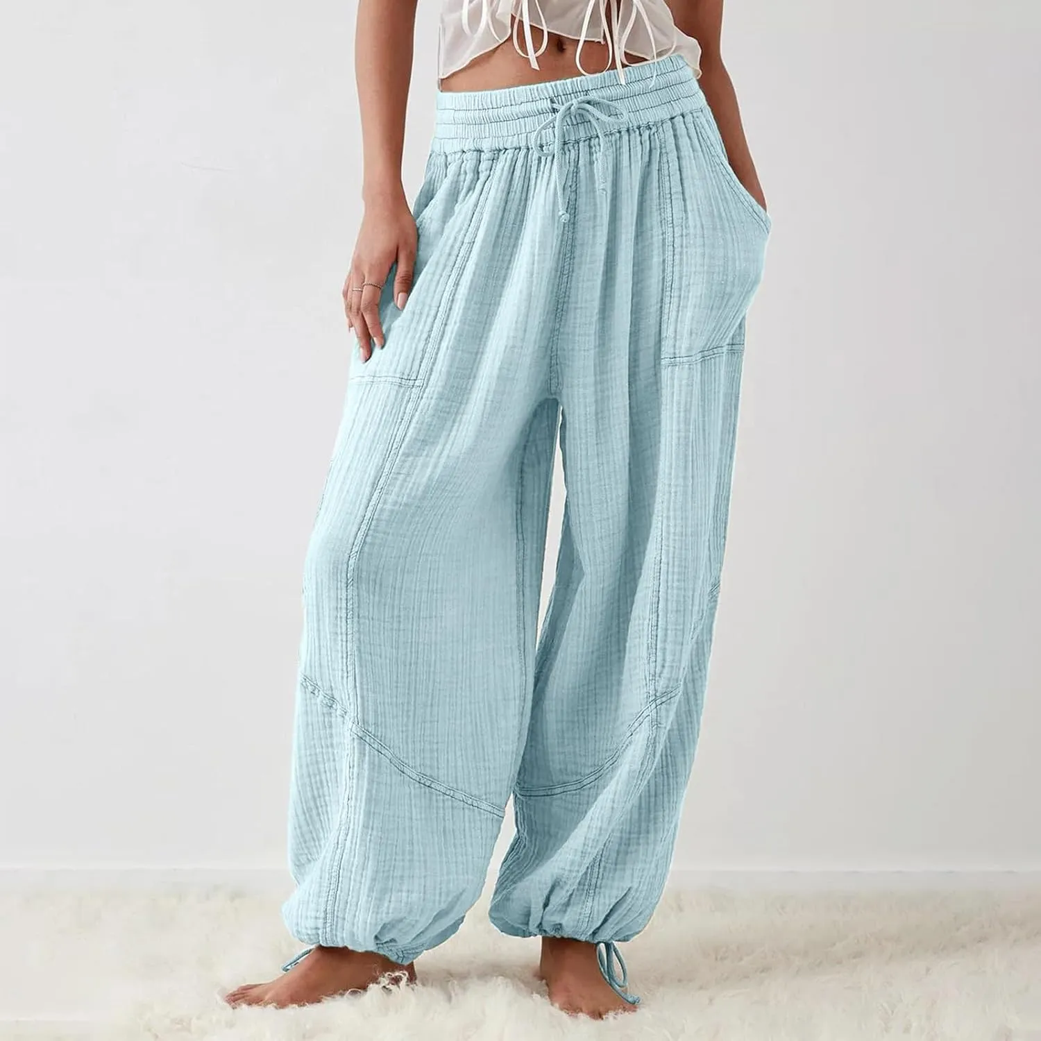 utcoco Womens Casual Loose Fit Wide Leg Cotton Pants Drawstring Stitching Baggy Pants Trousers with Pockets