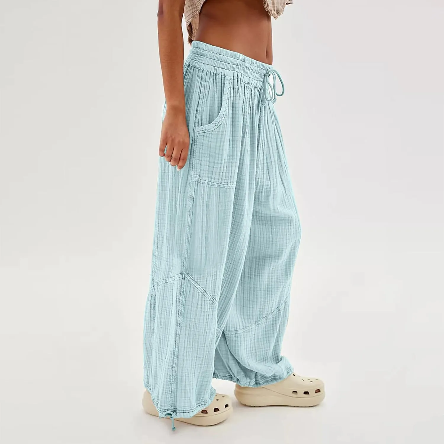 utcoco Womens Casual Loose Fit Wide Leg Cotton Pants Drawstring Stitching Baggy Pants Trousers with Pockets