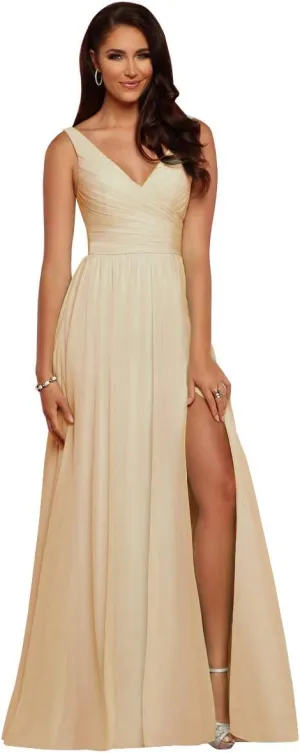 V Neck Bridesmaid Dresses Long Split Chiffon Pleated Wedding Evening Prom Gown for Women Champagne Size 8