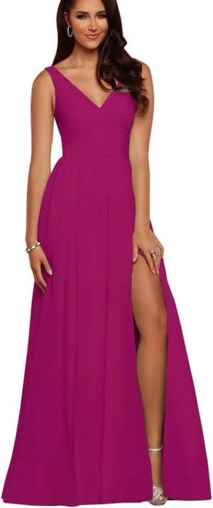 V Neck Bridesmaid Dresses Long Split Chiffon Pleated Wedding Evening Prom Gown for Women Fuchsia Size 20