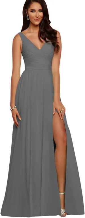 V Neck Bridesmaid Dresses Long Split Chiffon Pleated Wedding Evening Prom Gown for Women Grey Size