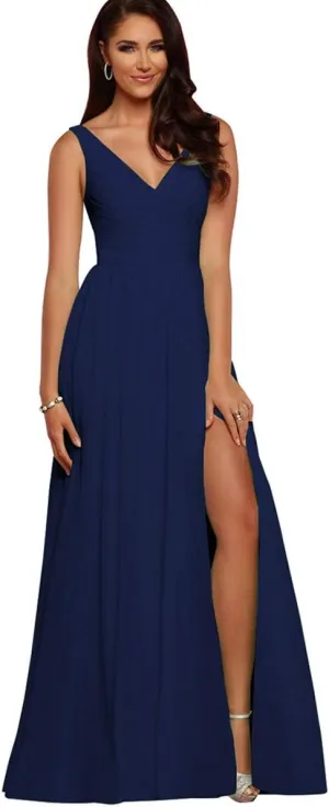 V Neck Bridesmaid Dresses Long Split Chiffon Pleated Wedding Evening Prom Gown for Women Navy Blue Size 6