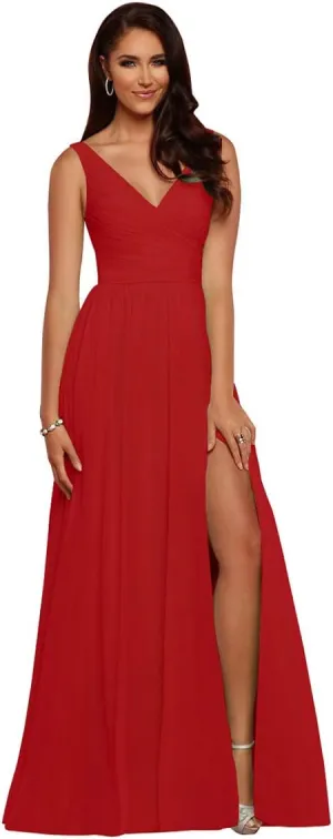 V Neck Bridesmaid Dresses Long Split Chiffon Pleated Wedding Evening Prom Gown for Women Red Size 22