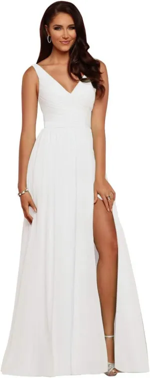 V Neck Bridesmaid Dresses Long Split Chiffon Pleated Wedding Evening Prom Gown for Women White Size 20