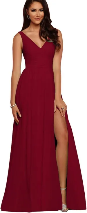 V Neck Bridesmaid Dresses Long Split Chiffon Pleated Wedding Evening Prom Gown for Women Wine Red Size 22