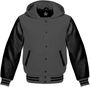 Varsity Hoodie Jacket for Baseball Letterman Bomber School of Premium Wool and Genuine Black Leather Sleeves