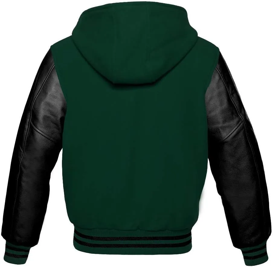 Varsity Hoodie Jacket for Baseball Letterman Bomber School of Premium Wool and Genuine Black Leather Sleeves