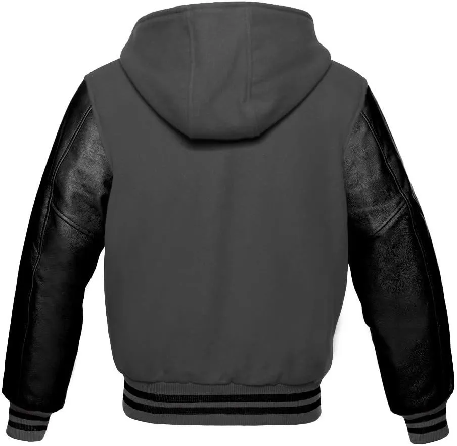 Varsity Hoodie Jacket for Baseball Letterman Bomber School of Premium Wool and Genuine Black Leather Sleeves