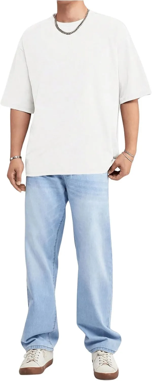 Verdusa Men's Drop Shoulder Round Neck Half Sleeve T Shirt Basic Solid Loose Tee Tops