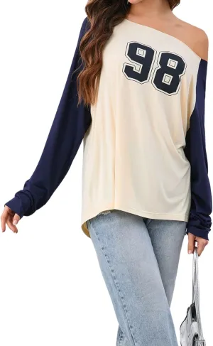 Verdusa Women's Off Shoulder Color Block Graphic Tee Shirt Long Raglan Sleeve Scoop Neck Loose Pullover Top