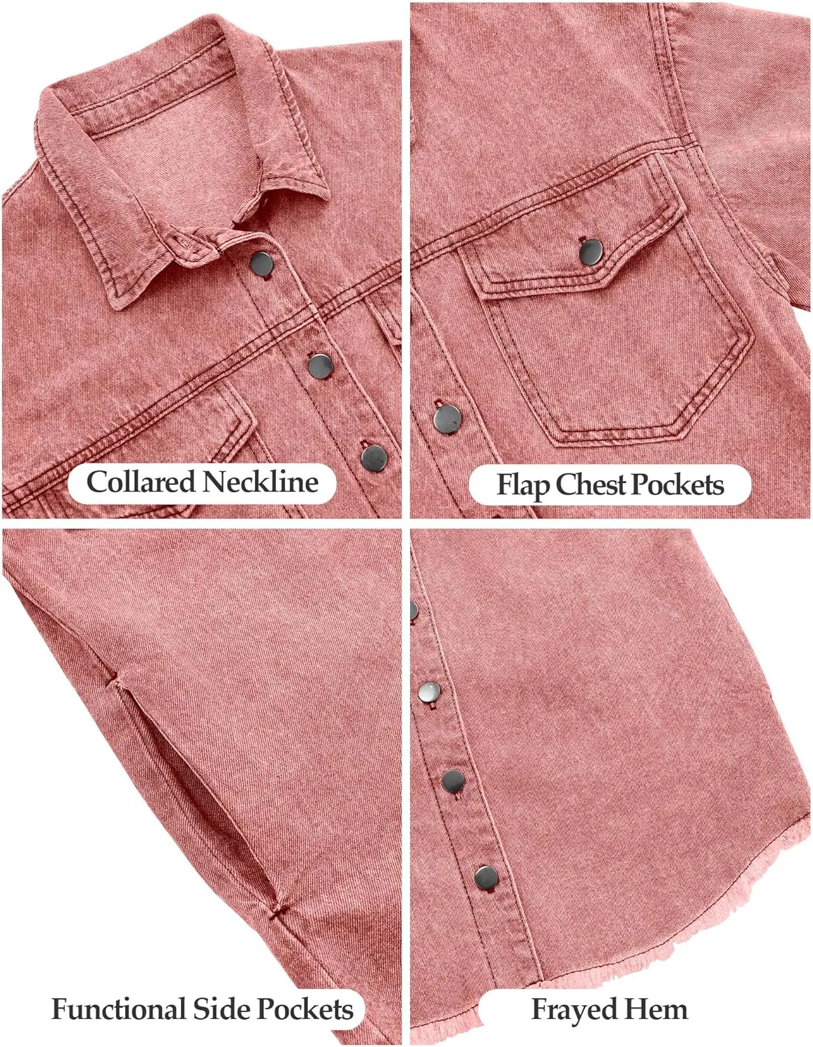 Vetinee Womens Oversized Button Up Frayed Hem Shacket Long Sleeve Pockets Denim Jean Jacket