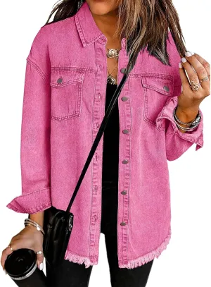 Vetinee Womens Oversized Button Up Frayed Hem Shacket Long Sleeve Pockets Denim Jean Jacket