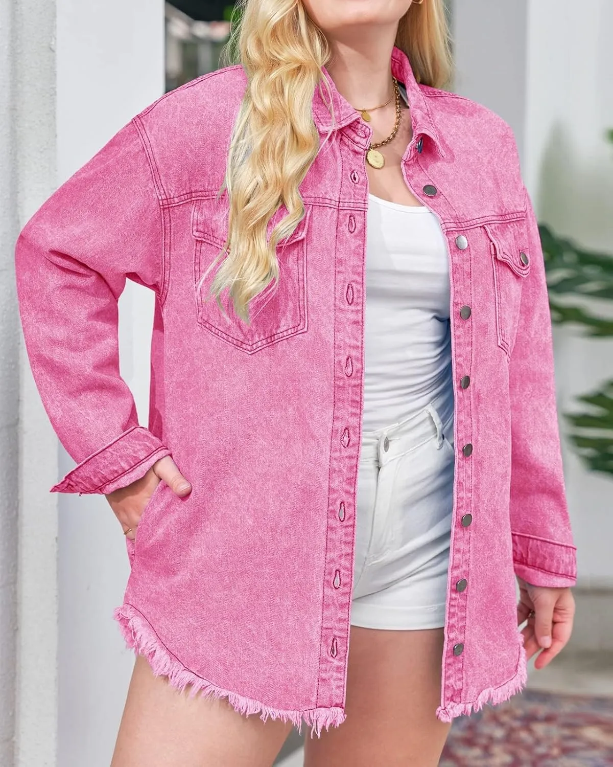 Vetinee Womens Oversized Button Up Frayed Hem Shacket Long Sleeve Pockets Denim Jean Jacket