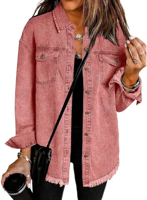 Vetinee Womens Oversized Button Up Frayed Hem Shacket Long Sleeve Pockets Denim Jean Jacket