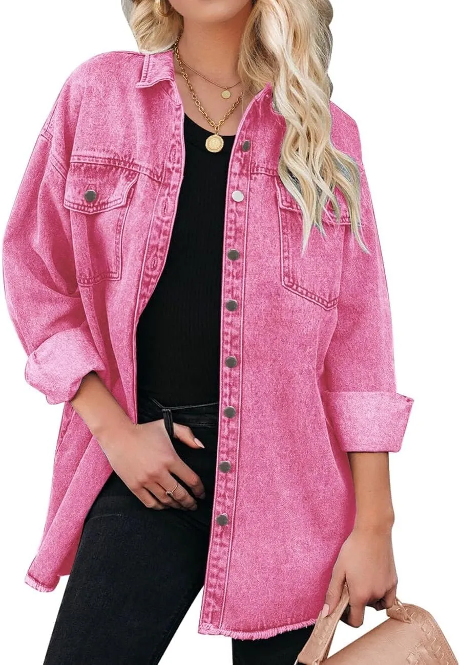 Vetinee Womens Oversized Button Up Frayed Hem Shacket Long Sleeve Pockets Denim Jean Jacket