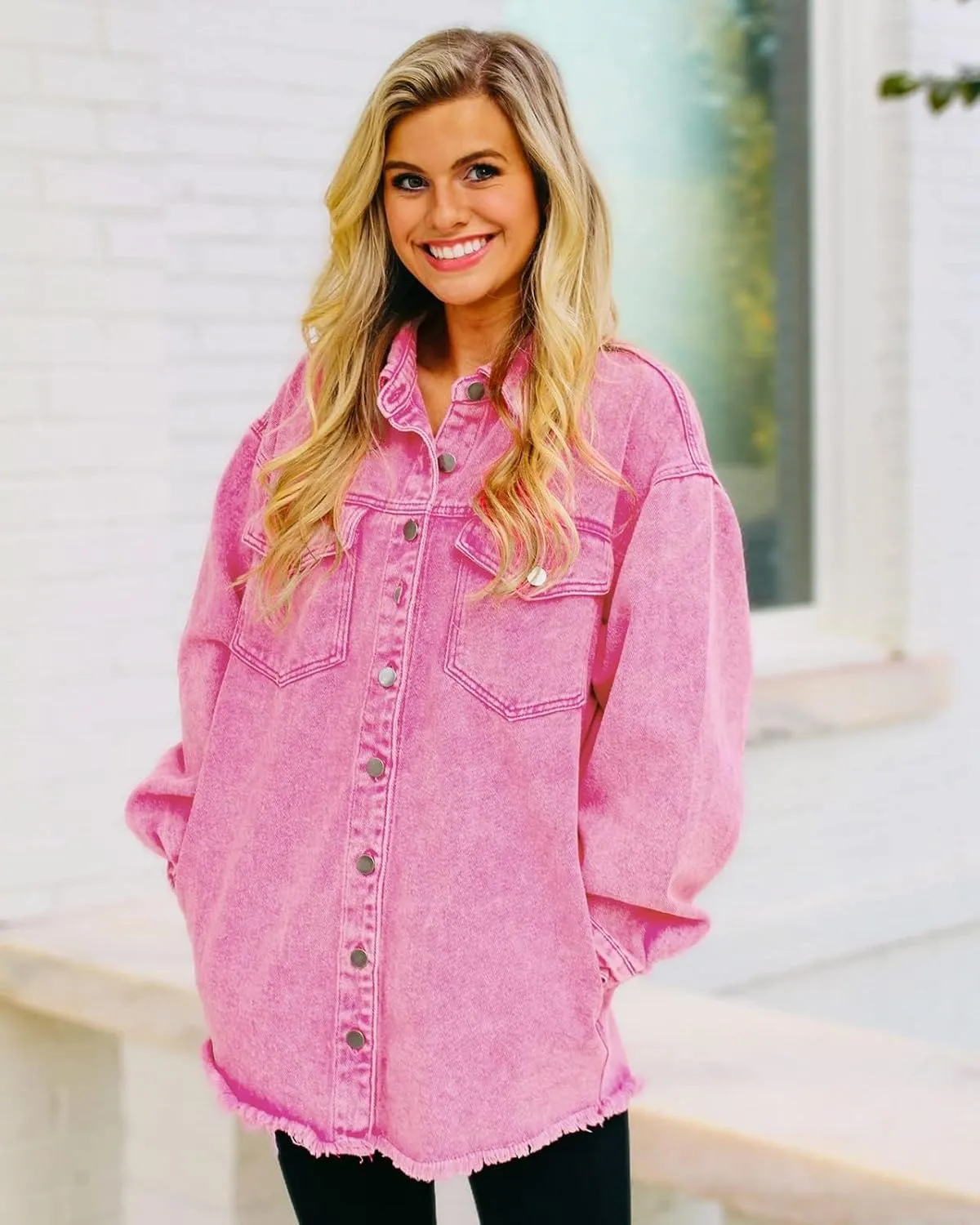 Vetinee Womens Oversized Button Up Frayed Hem Shacket Long Sleeve Pockets Denim Jean Jacket