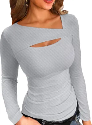 VICHYIE Womens Fashion Fall Clothes One Piece Cutout Tops Long Sleeve Ribbed Slim Fitted Shirts Tee Tshirts