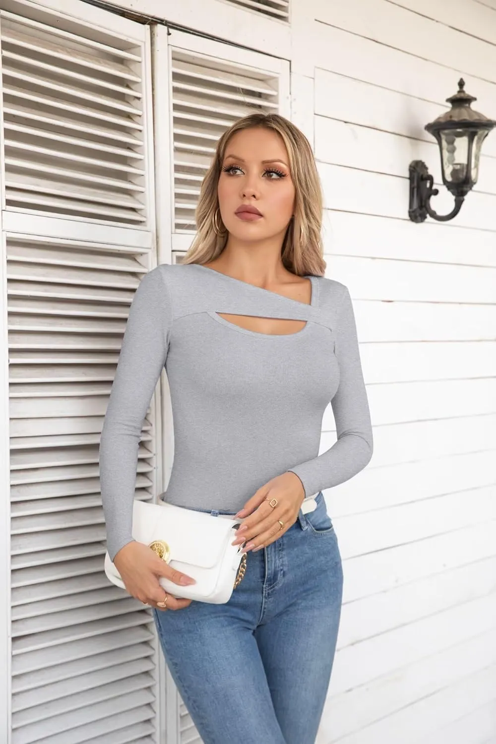 VICHYIE Womens Fashion Fall Clothes One Piece Cutout Tops Long Sleeve Ribbed Slim Fitted Shirts Tee Tshirts
