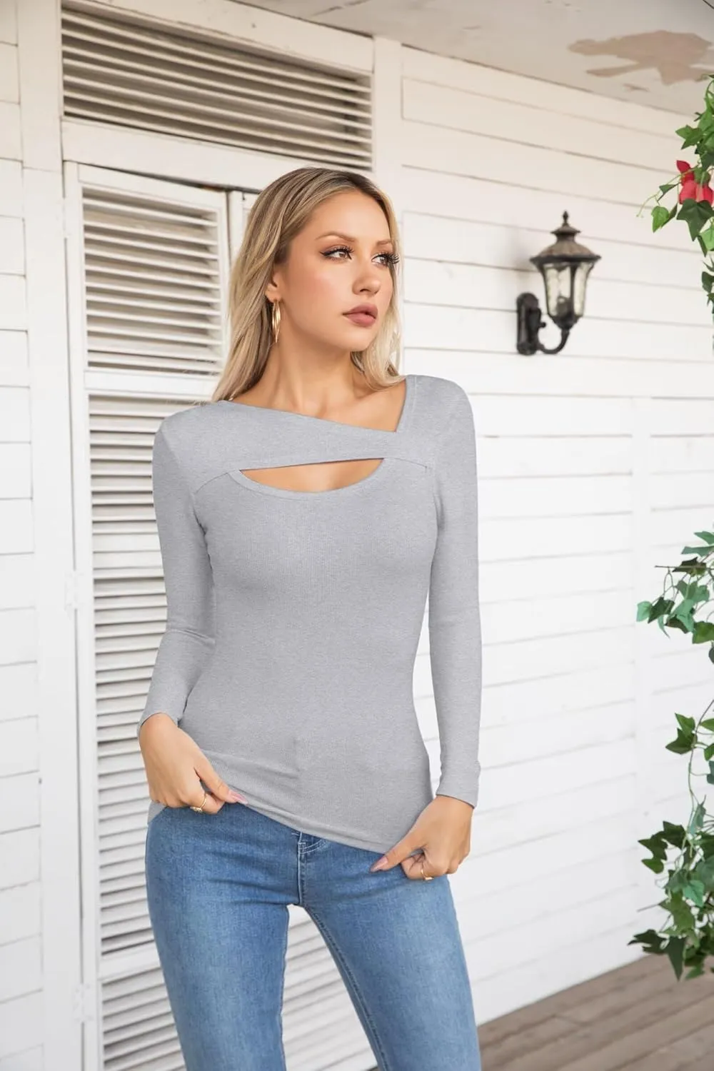 VICHYIE Womens Fashion Fall Clothes One Piece Cutout Tops Long Sleeve Ribbed Slim Fitted Shirts Tee Tshirts