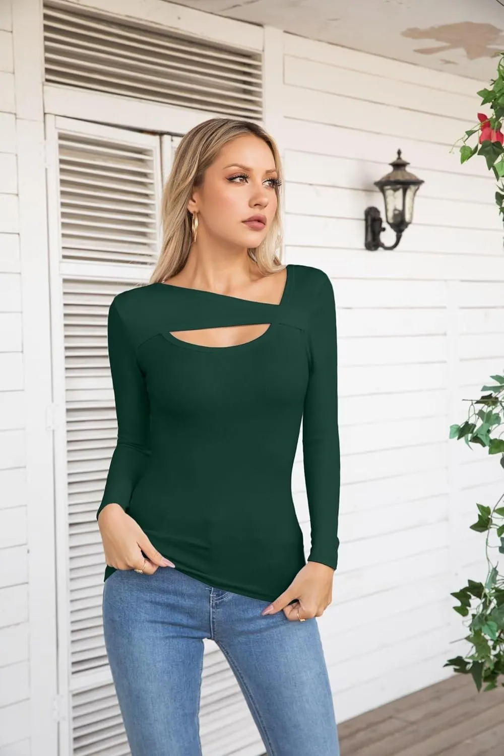 VICHYIE Womens Fashion Fall Clothes One Piece Cutout Tops Long Sleeve Ribbed Slim Fitted Shirts Tee Tshirts