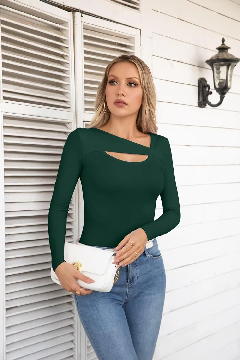 VICHYIE Womens Fashion Fall Clothes One Piece Cutout Tops Long Sleeve Ribbed Slim Fitted Shirts Tee Tshirts