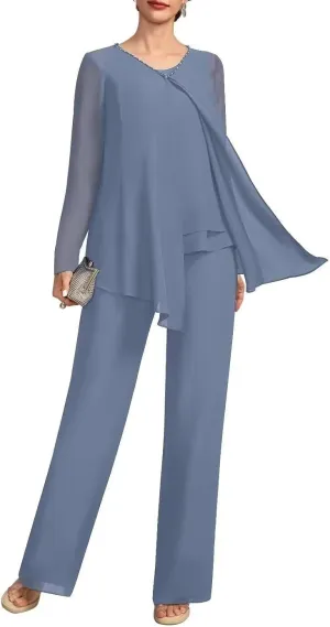 VK Selec Pants Suits 3pcs Chiffon Mother of The Bride Dressy Suits for Wedding Guest with Jacket