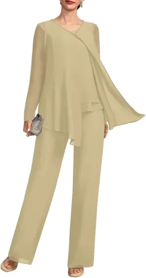 VK Selec Pants Suits 3pcs Chiffon Mother of The Bride Dressy Suits for Wedding Guest with Jacket