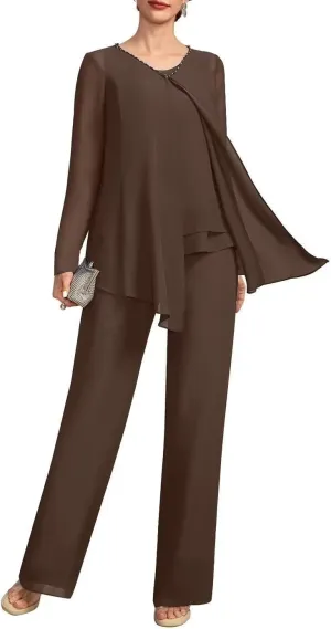 VK Selec Pants Suits 3pcs Chiffon Mother of The Bride Dressy Suits for Wedding Guest with Jacket