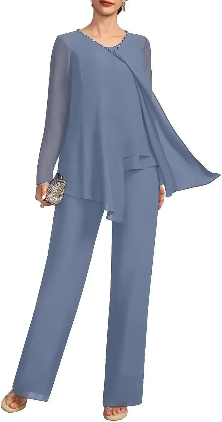 VK Selec Pants Suits 3pcs Chiffon Mother of The Bride Dressy Suits for Wedding Guest with Jacket