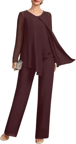 VK Selec Pants Suits 3pcs Chiffon Mother of The Bride Dressy Suits for Wedding Guest with Jacket