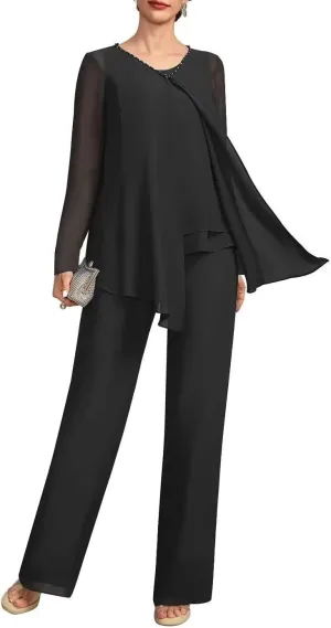 VK Selec Pants Suits 3pcs Chiffon Mother of The Bride Dressy Suits for Wedding Guest with Jacket