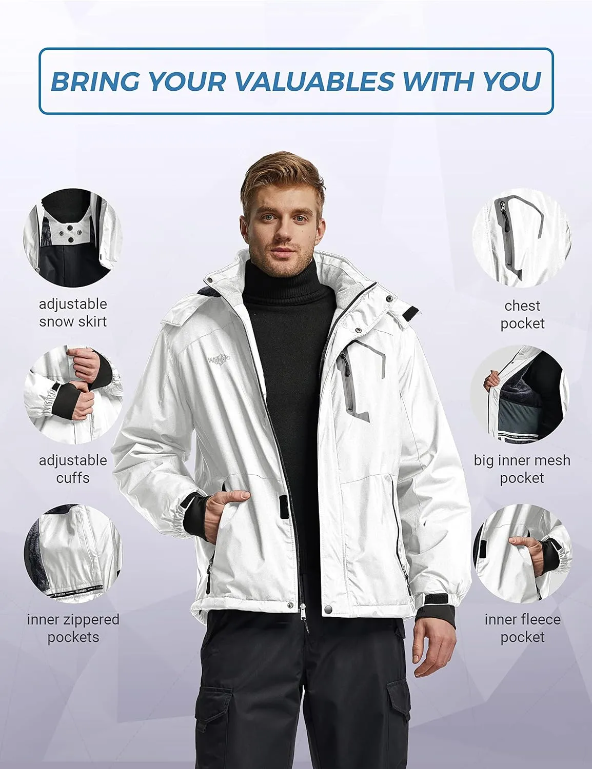 wantdo Men's Mountain Waterproof Ski Jacket Windproof Rain Jacket Winter Warm Hooded Coat