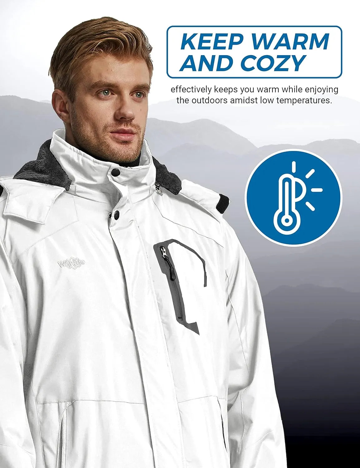 wantdo Men's Mountain Waterproof Ski Jacket Windproof Rain Jacket Winter Warm Hooded Coat