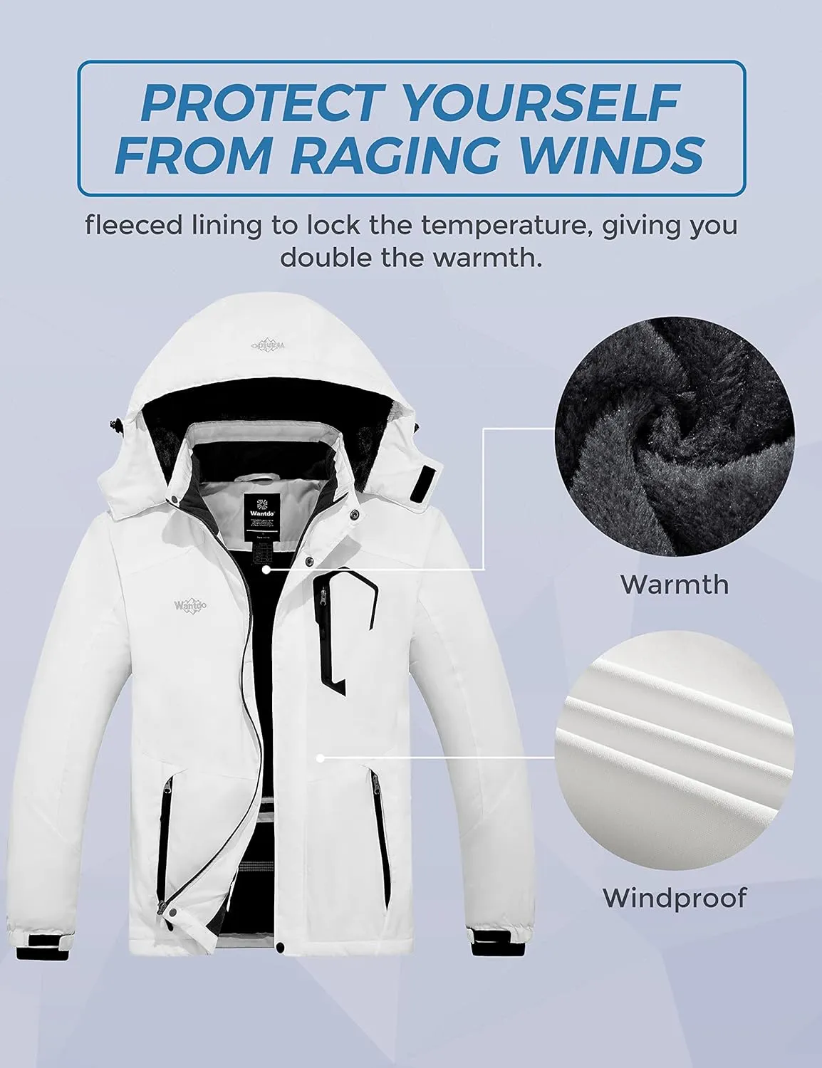 wantdo Men's Mountain Waterproof Ski Jacket Windproof Rain Jacket Winter Warm Hooded Coat