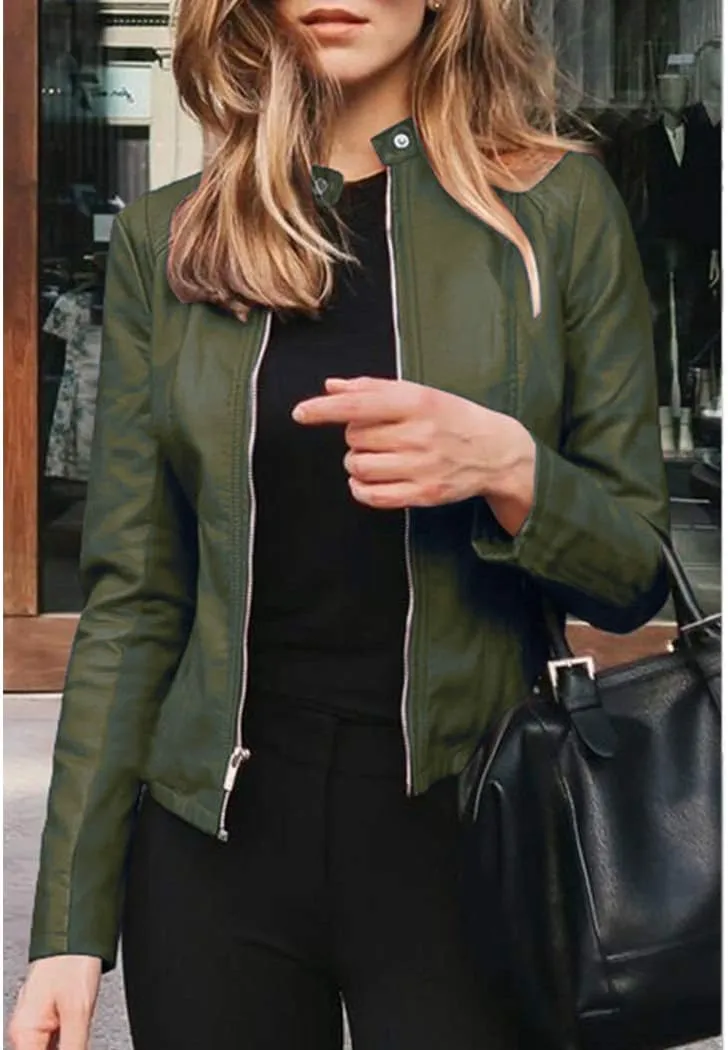 watersouprty Women's PU Leather Jacket Biker Jacket with Pockets Vintage Short Coat for Autumn Spring