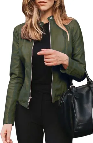 watersouprty Women's PU Leather Jacket Biker Jacket with Pockets Vintage Short Coat for Autumn Spring