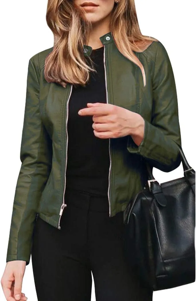 watersouprty Women's PU Leather Jacket Biker Jacket with Pockets Vintage Short Coat for Autumn Spring