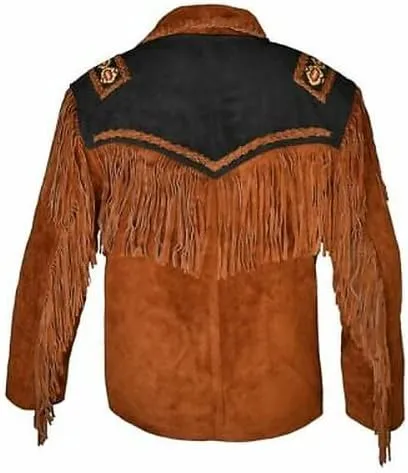 Western Genuine Suede Leather Jacket Men Native American Beaded Tassel Top Brown Fringe Cowboy Jacket for Sale