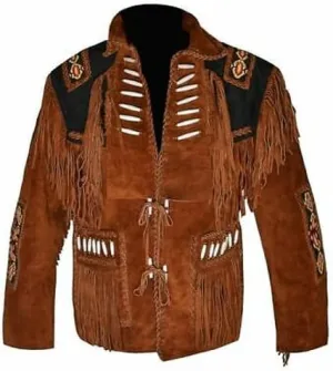 Western Genuine Suede Leather Jacket Men Native American Beaded Tassel Top Brown Fringe Cowboy Jacket for Sale