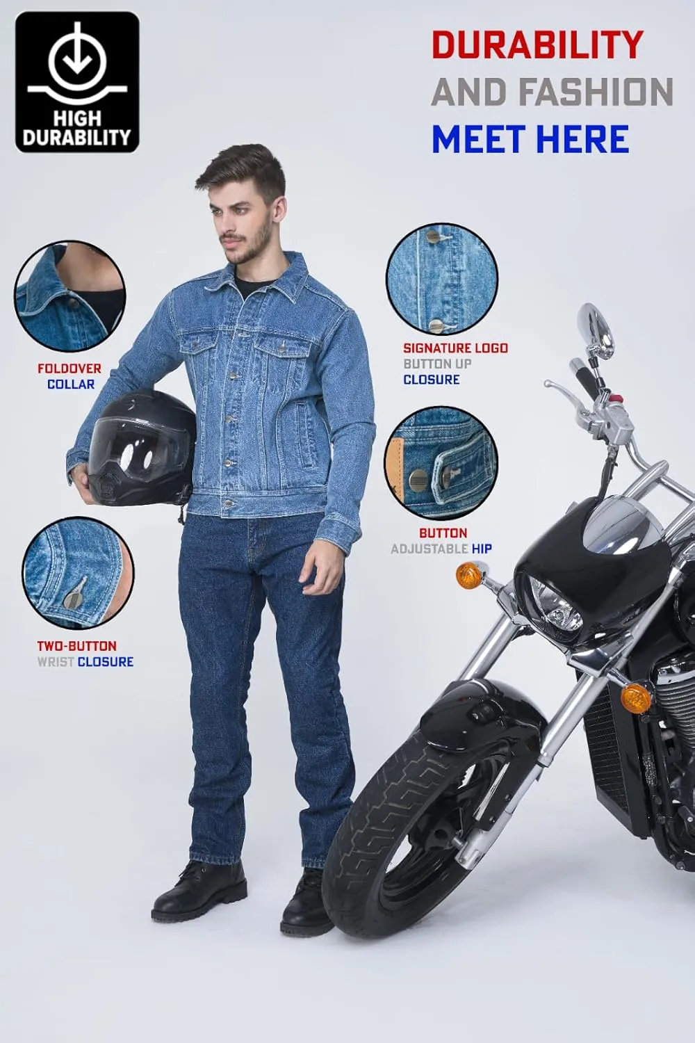 WICKED STOCK Motorcycle Men-Jeans Jacket-Trucker Jacket for Men-Denim Casual Rugged Wear Riding Jacket