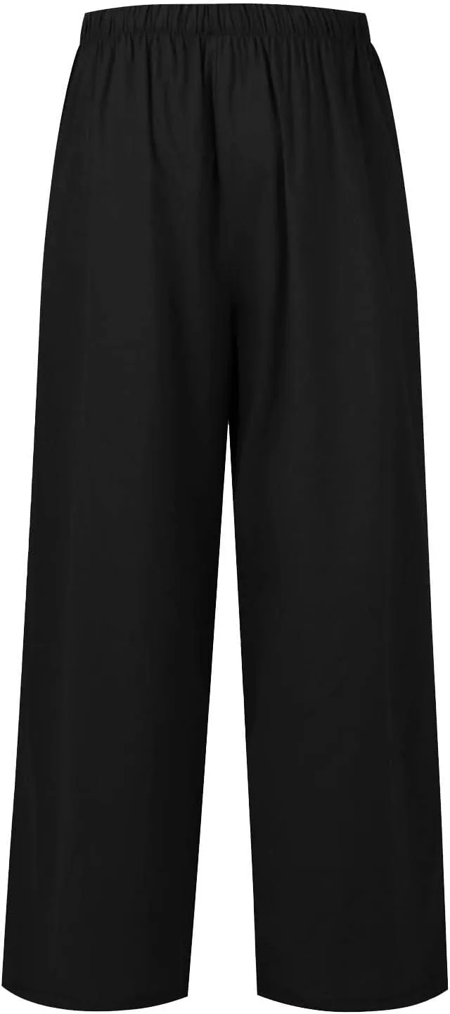 Wide Leg Linen Pants for Women Long Lightweight Drawstring Elastic Waist Palazzo Pants Casual Loose Flowy Beach Pants
