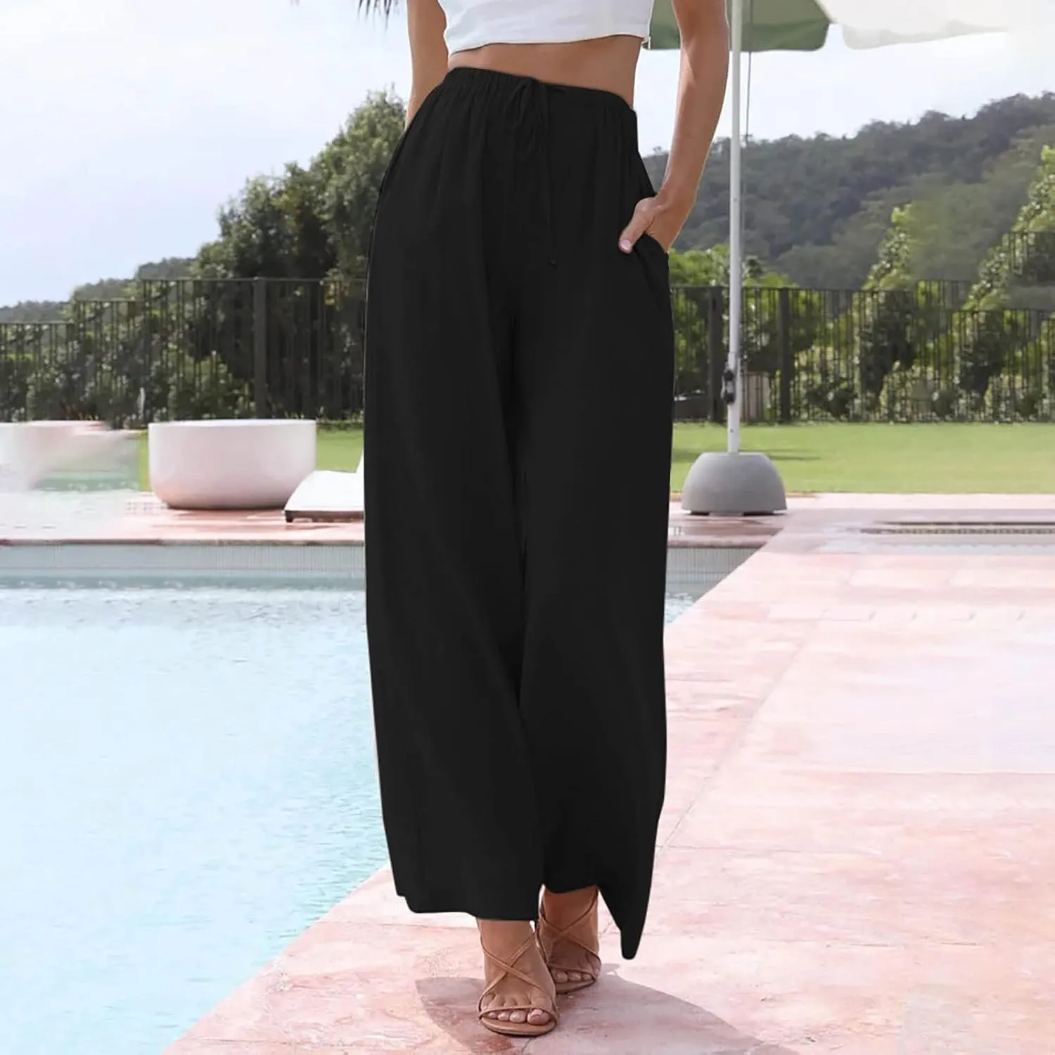 Wide Leg Linen Pants for Women Long Lightweight Drawstring Elastic Waist Palazzo Pants Casual Loose Flowy Beach Pants