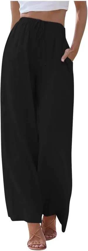 Wide Leg Linen Pants for Women Long Lightweight Drawstring Elastic Waist Palazzo Pants Casual Loose Flowy Beach Pants