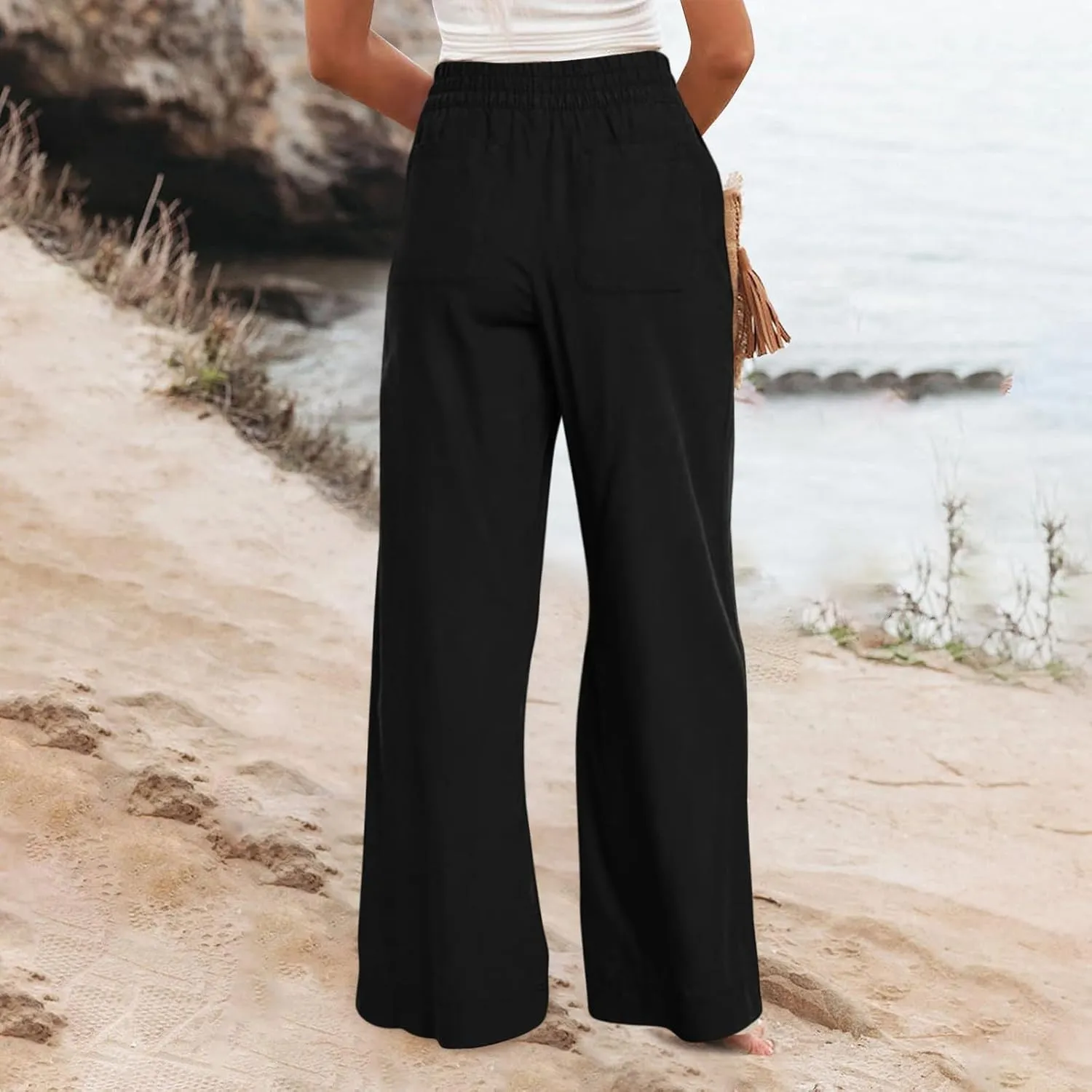 Wide Leg Linen Pants for Women Summer Boho Flowy Beach Pants Loose Fit High Waisted Casual Travel Pants with Pockets