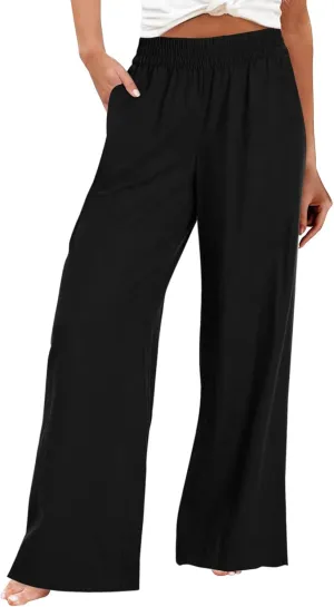 Wide Leg Linen Pants for Women Summer Boho Flowy Beach Pants Loose Fit High Waisted Casual Travel Pants with Pockets