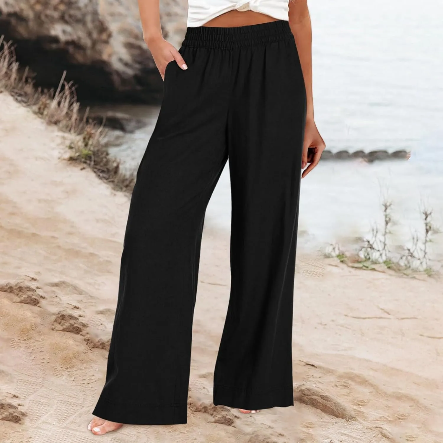 Wide Leg Linen Pants for Women Summer Boho Flowy Beach Pants Loose Fit High Waisted Casual Travel Pants with Pockets