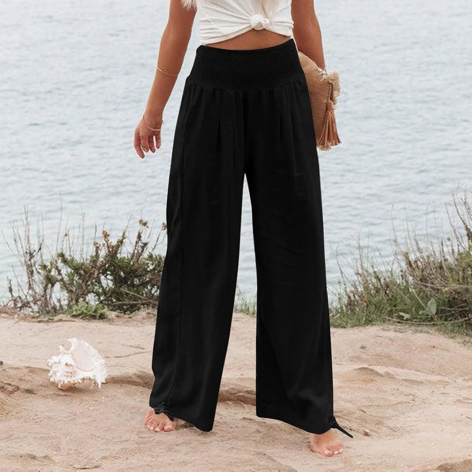 Wide Leg Linen Pants Women Summer High Waisted Boho Beach Flowy Pant Casual Vacation Outfits Elastic Lounge Trousers